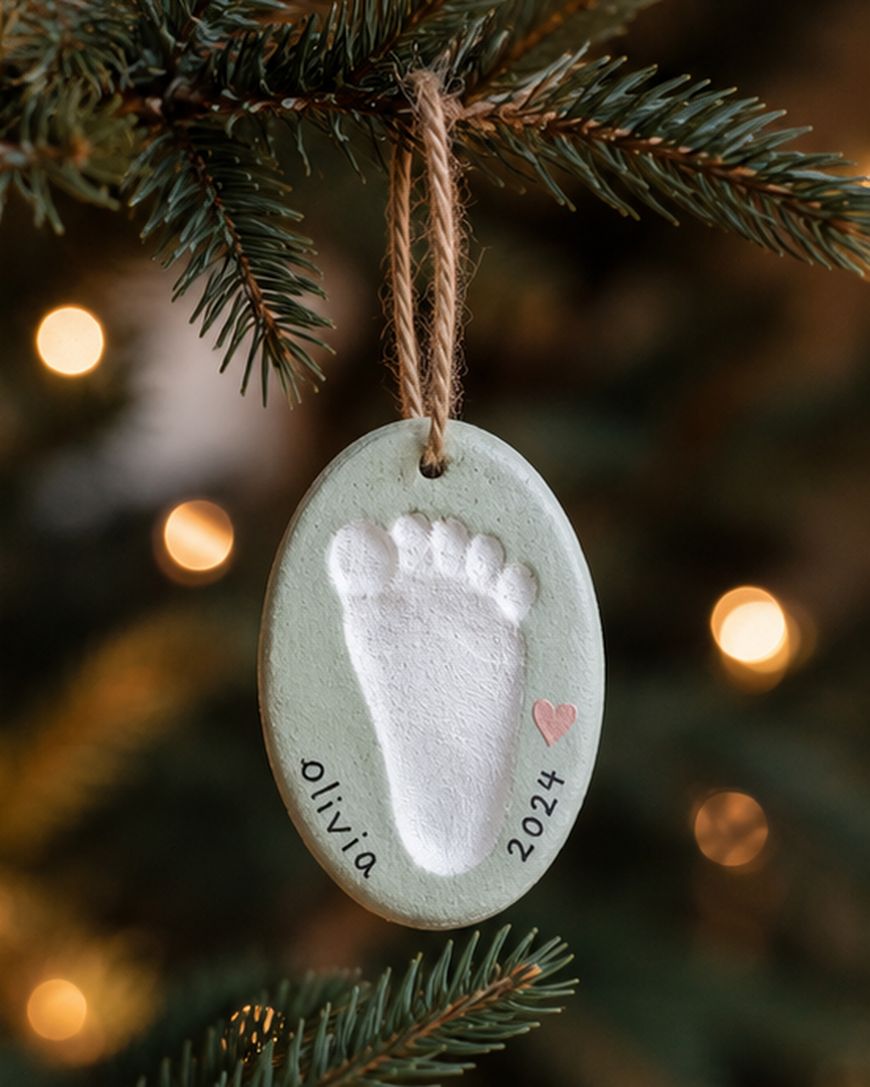 Oval ornament with a baby footprint, the name olivia, a pink heart, and 2024 written on it, hanging on a Christmas tree branch with blurred lights in the background.