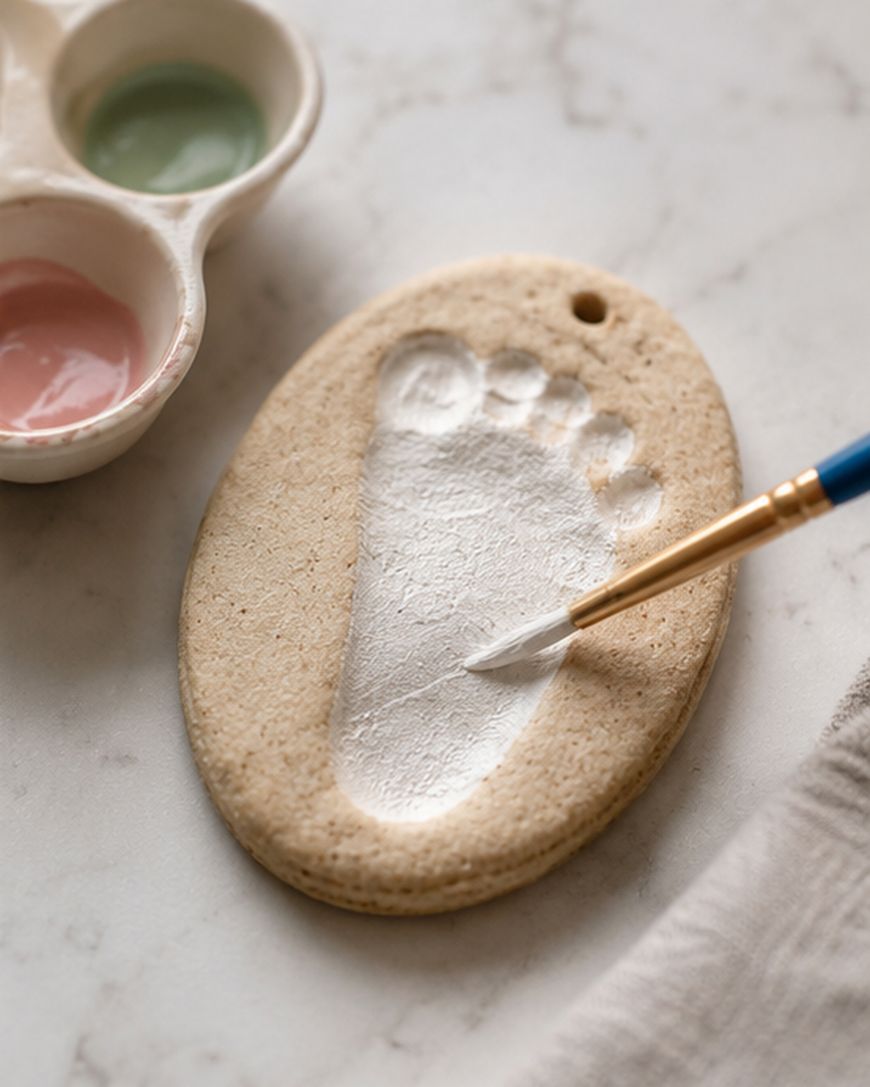 A paintbrush applies white paint to a baby footprint impression on an oval-shaped piece of clay. Nearby, a palette holds pink and green paint.
