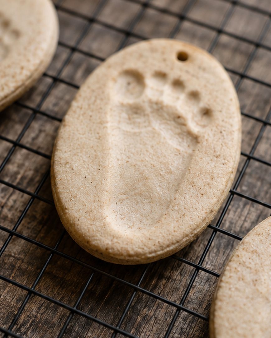 An oval-shaped piece of dough with a small footprint pressed into it, resting on a wire cooling rack atop a wooden surface.
