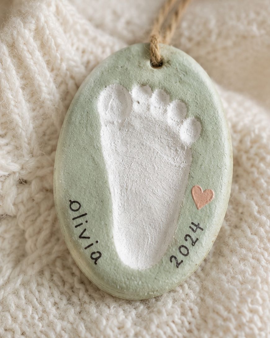 Oval ornament with a babys footprint imprint, the name olivia, a pink heart, and 2024 engraved, hanging on a soft cream knit blanket.
