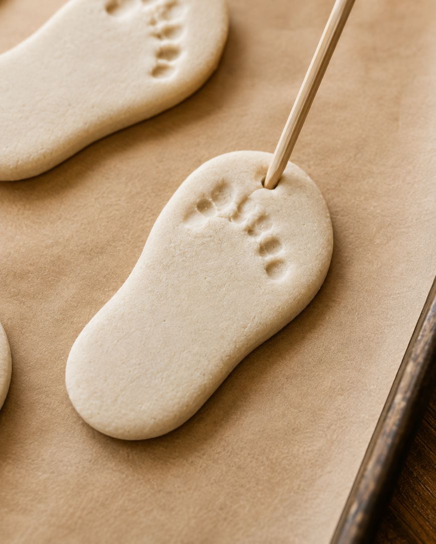 Unbaked cookie shaped like a foot with toe marks is on parchment paper. A wooden stick is being used to poke a hole near the top of the cookie.