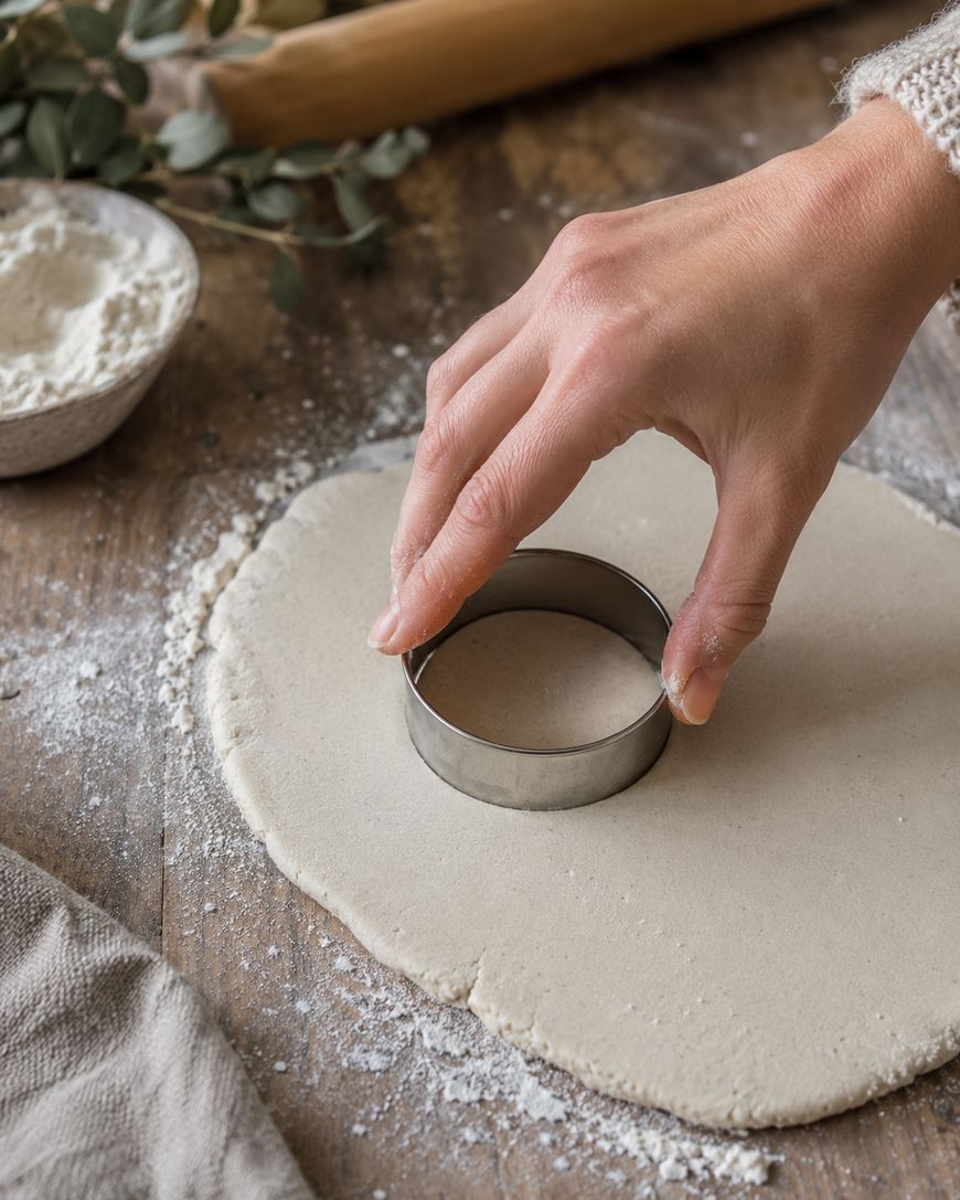 A hand presses a round metal cutter into rolled dough on a floured wooden surface, with a bowl of flour, rolling pin, and fabric nearby.