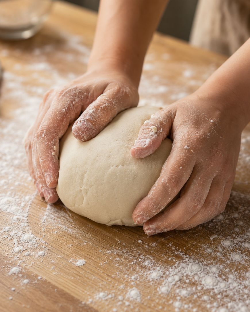 Hands kneading a ball of dough on a floured wooden surface, preparing it for baking.