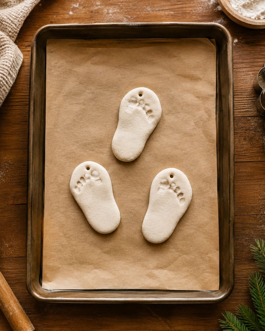 Three salt dough ornaments shaped like baby footprints are arranged on parchment paper in a baking tray, ready to be baked. The scene includes baking tools and greenery on a wooden surface.