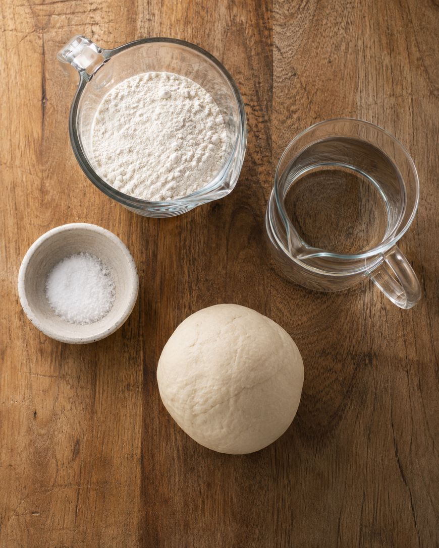 A ball of dough on a wooden surface with a glass of water, a bowl of flour, and a small bowl of salt arranged around it.