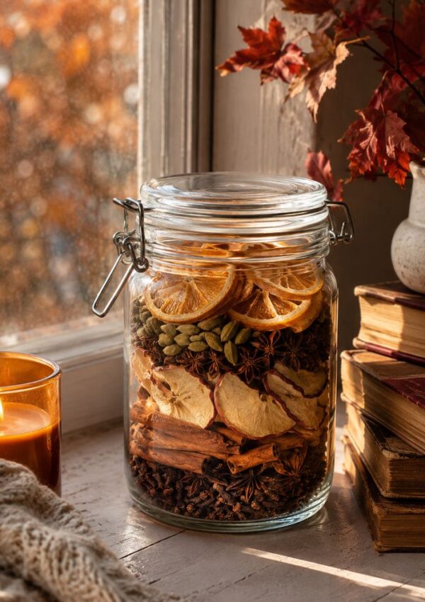 A glass jar filled with dried oranges, apples, cinnamon sticks, and spices sits on a windowsill beside a lit candle, a stack of books, and autumn leaves in a vase.