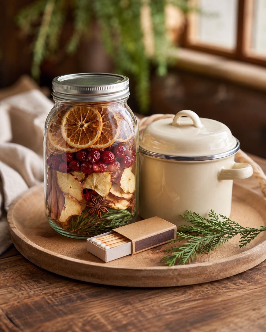 A large jar filled with dried citrus, cranberries, and apple slices sits on a wooden tray next to a cream-colored pot, a matchbox, and a sprig of evergreen on a rustic wooden table.