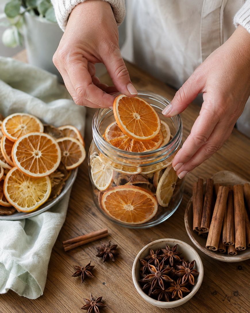 A person places dried orange slices into a glass jar. Nearby are more dried orange slices on a plate, cinnamon sticks in a bowl, star anise, and a green cloth on a wooden table.