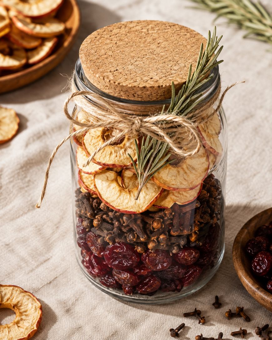 A glass jar with dried apple slices, cloves, and cranberries, tied with twine and a rosemary sprig, sits on a beige cloth with scattered dried fruit and spices nearby.