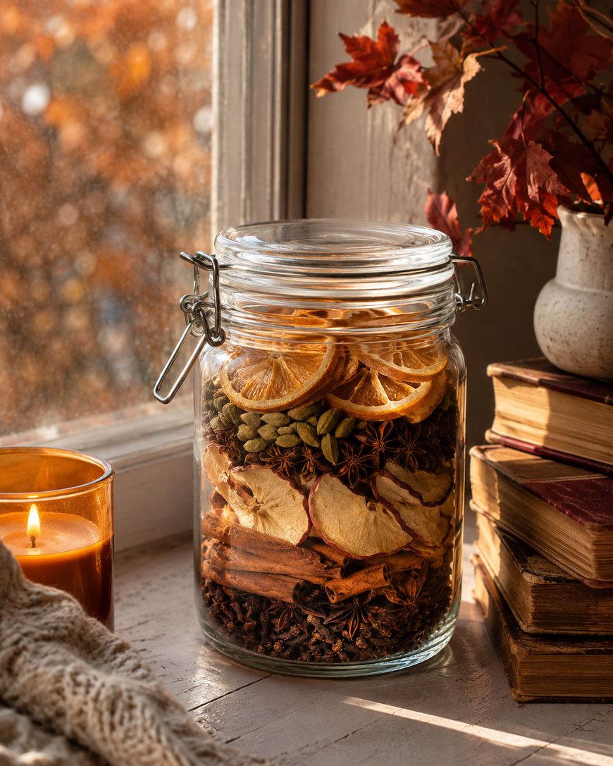 A glass jar filled with dried orange slices, apple pieces, spices, and cinnamon sticks sits on a windowsill beside a lit candle, cozy sweater, stacked books, and an autumn leaf arrangement.