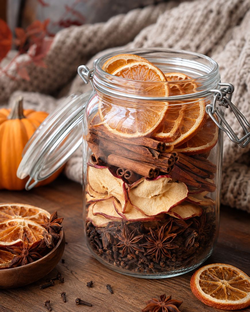 A glass jar filled with dried orange slices, apple pieces, cinnamon sticks, cloves, and star anise sits on a wooden surface, with a pumpkin, knit blanket, and extra spices nearby.