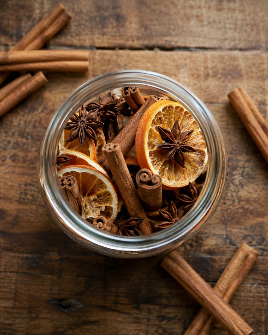 A glass jar filled with dried orange slices, star anise, and cinnamon sticks sits on a rustic wooden surface, with more cinnamon sticks scattered around.