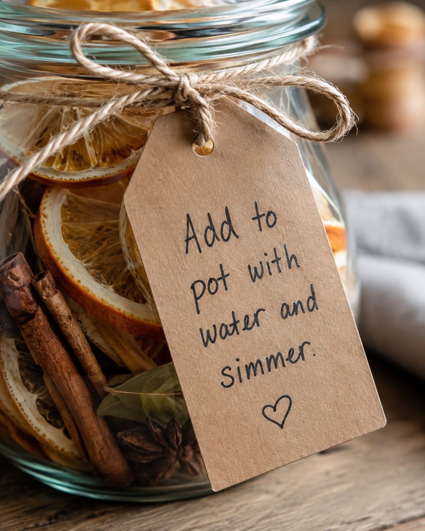 A glass jar filled with dried orange slices, cinnamon sticks, and spices is tied with twine. Attached is a tag that reads, Add to pot with water and simmer, followed by a heart symbol.