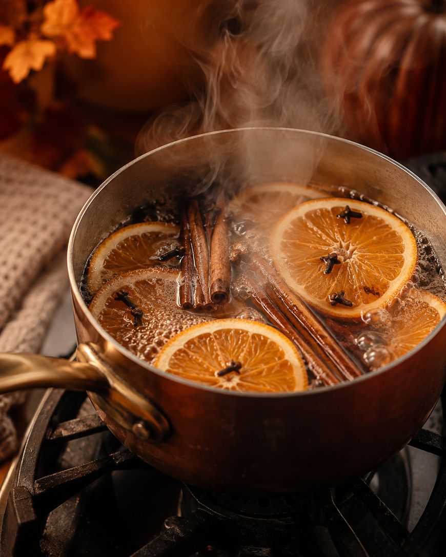 A pot on a stove simmers with sliced oranges, cinnamon sticks, and cloves in water. Steam rises, hinting at a warm, spiced aroma. Autumn decor is blurred in the background.