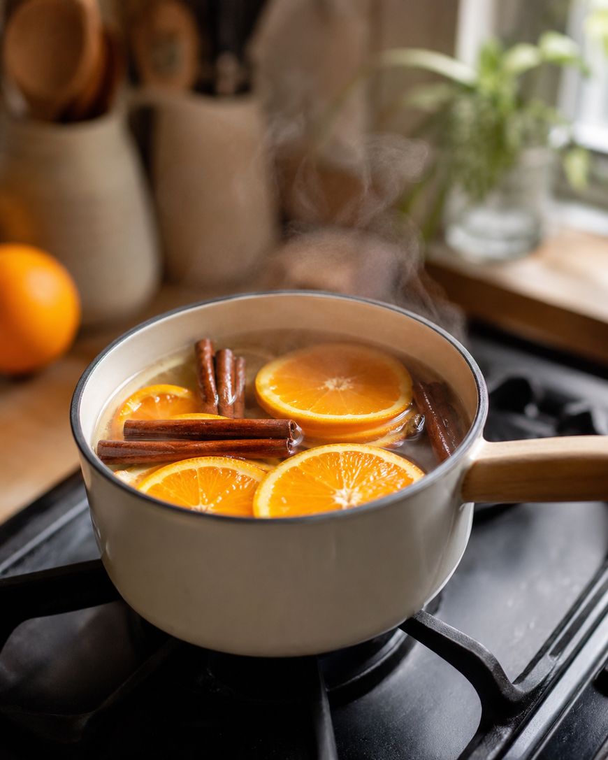 White pot on a stove with simmering water, orange slices, and cinnamon sticks. Steam rises from the pot, and kitchen items and a plant are visible in the background.