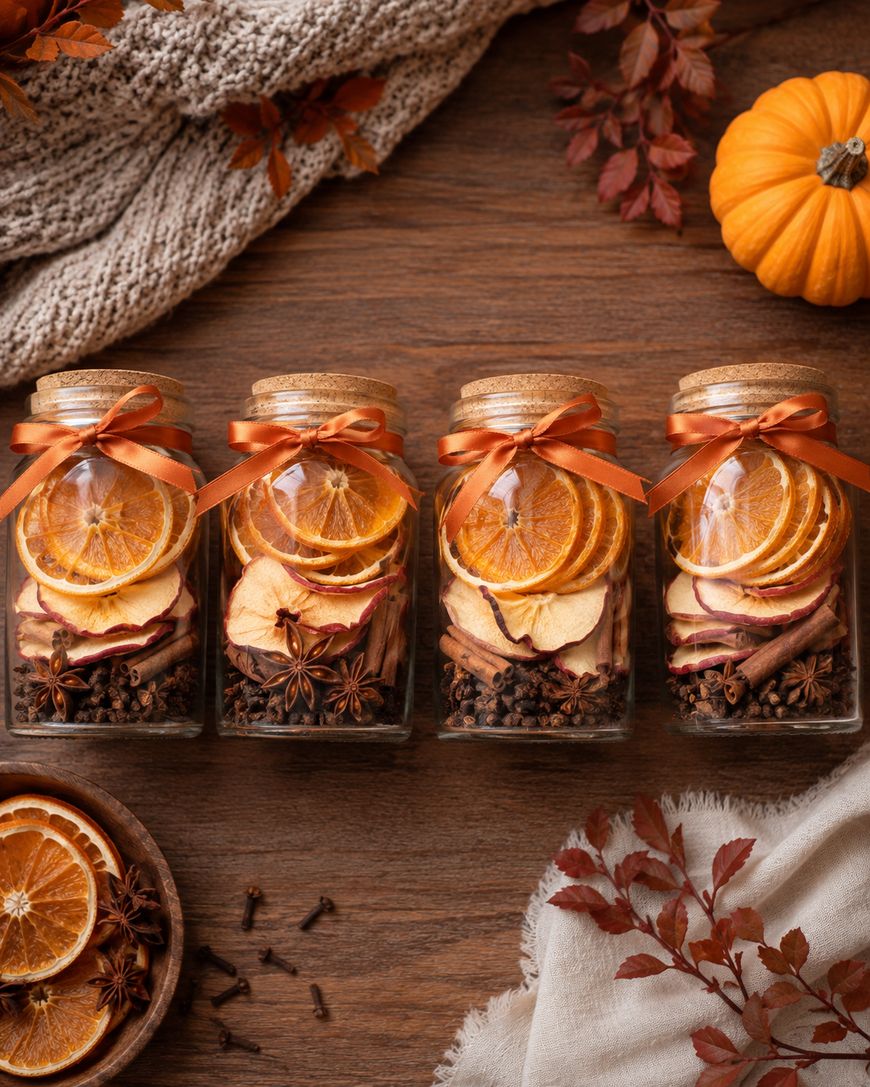 Four glass jars filled with dried orange slices, apple slices, star anise, and cloves, decorated with orange ribbons, are arranged on a wooden surface with autumn leaves, a pumpkin, and cozy fabric nearby.