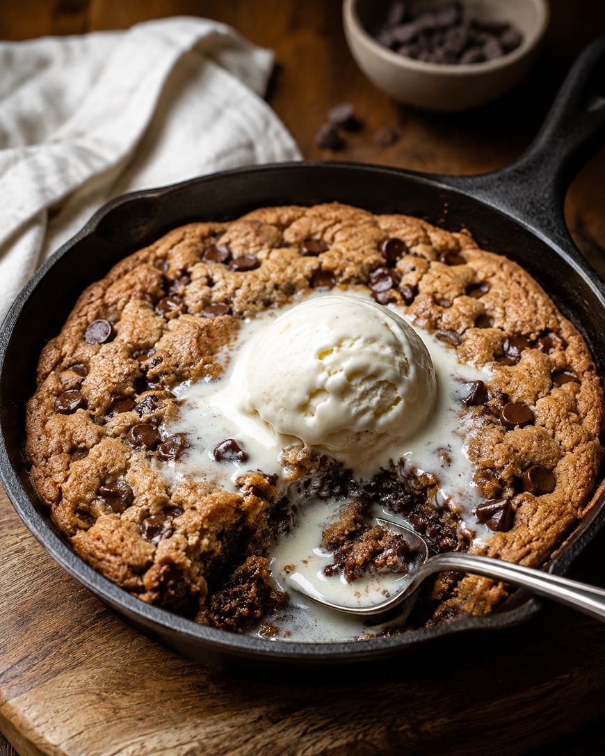 A skillet chocolate chip cookie topped with melting vanilla ice cream, with a spoon taking a bite, sits on a wooden surface next to a white cloth and a bowl of chocolate chips.
