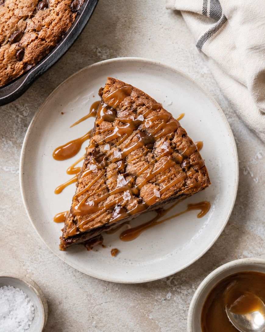 A slice of chocolate chip cookie cake on a plate, drizzled with caramel sauce and sprinkled with sea salt, with a napkin, caramel bowl, and part of the cookie cake nearby.