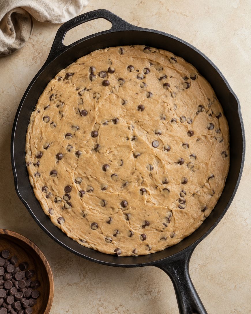 A large, freshly baked chocolate chip cookie in a black cast iron skillet sits on a beige surface. A bowl of chocolate chips is nearby.