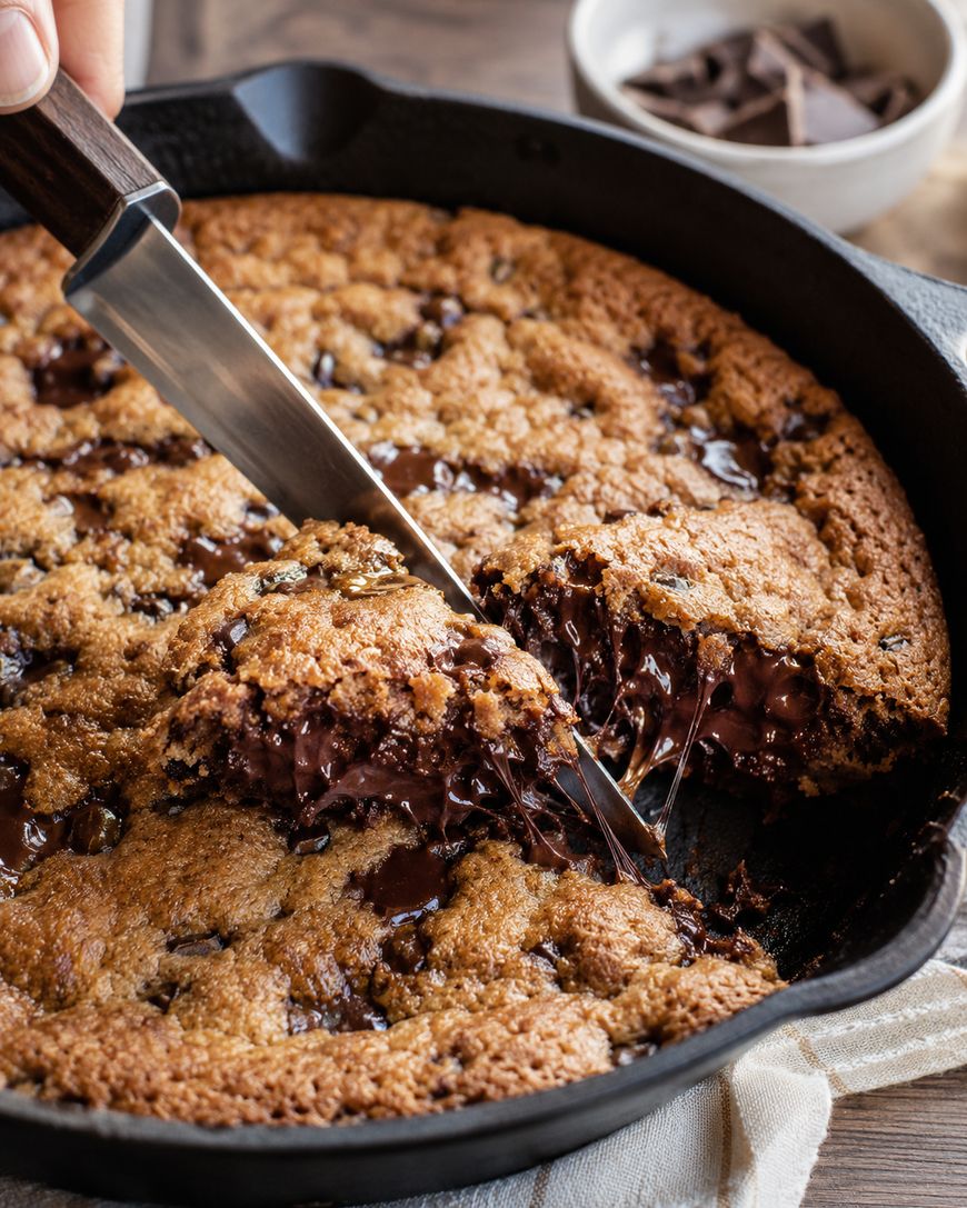 A knife slices into a warm, gooey chocolate chip skillet cookie, revealing melted chocolate inside. The cookie is in a black cast iron pan, with a bowl of chocolate chunks in the background.