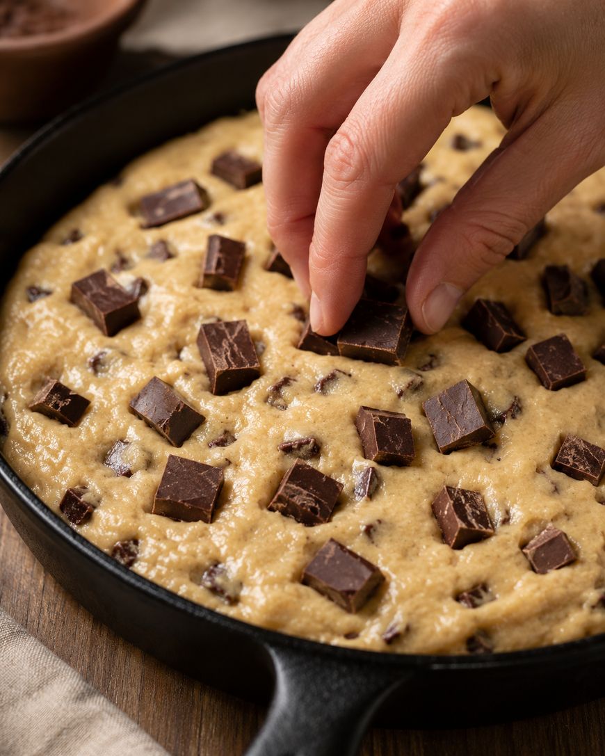 A hand places chocolate chunks on unbaked cookie dough in a black skillet, preparing it for baking.