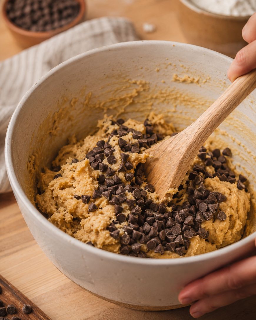 A hand stirs chocolate chips into cookie dough in a beige bowl with a wooden spoon. Chocolate chips and flour are in small bowls nearby on a wooden surface.