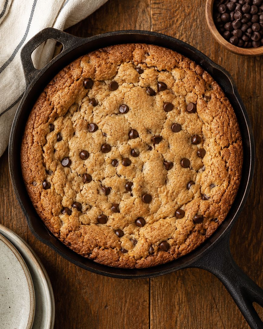 A large chocolate chip cookie baked in a cast iron skillet sits on a wooden table, with a bowl of chocolate chips, a striped towel, and stacked plates nearby.