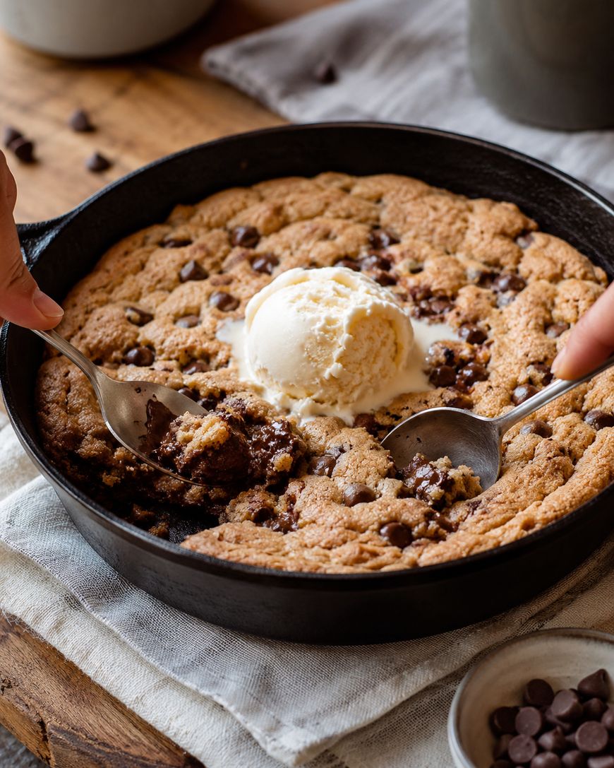 A skillet chocolate chip cookie topped with a scoop of vanilla ice cream, with two spoons digging in, sits on a wooden surface next to a white cloth and a bowl of chocolate chips.
