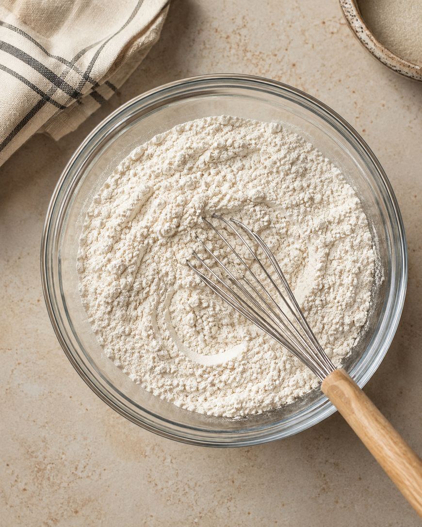A glass bowl filled with flour and a metal whisk with a wooden handle on a beige countertop. A folded dish towel and a small bowl are nearby.