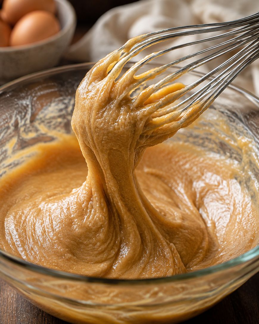 A metal whisk lifts thick, creamy cookie dough from a glass bowl. Brown eggs are visible in the background on a wooden surface, with a light-colored cloth partially visible.