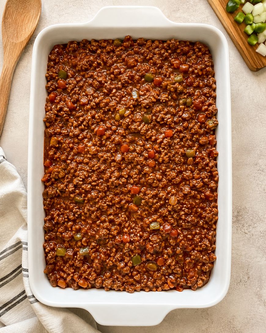 Rectangular white baking dish filled with cooked ground beef in a rich tomato sauce with diced vegetables, on a light surface with a striped towel, wooden spoon, and chopped produce nearby.