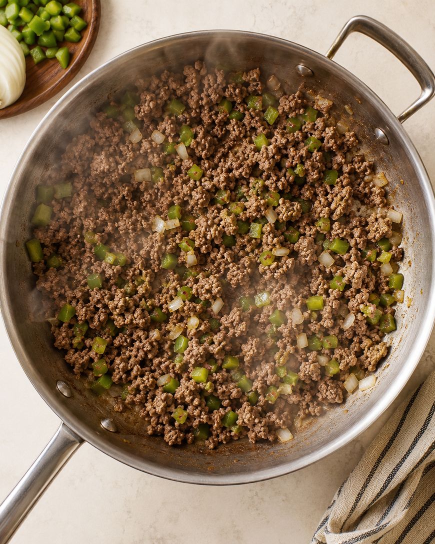 A skillet filled with cooked ground beef, chopped green bell peppers, and diced onions, with steam rising. A plate of chopped peppers and part of an onion are nearby.