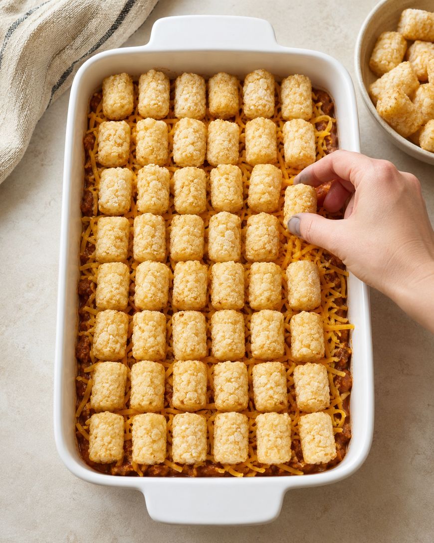 A hand places tater tots on top of a casserole with shredded cheese in a white baking dish, with a bowl of tater tots and a towel nearby.