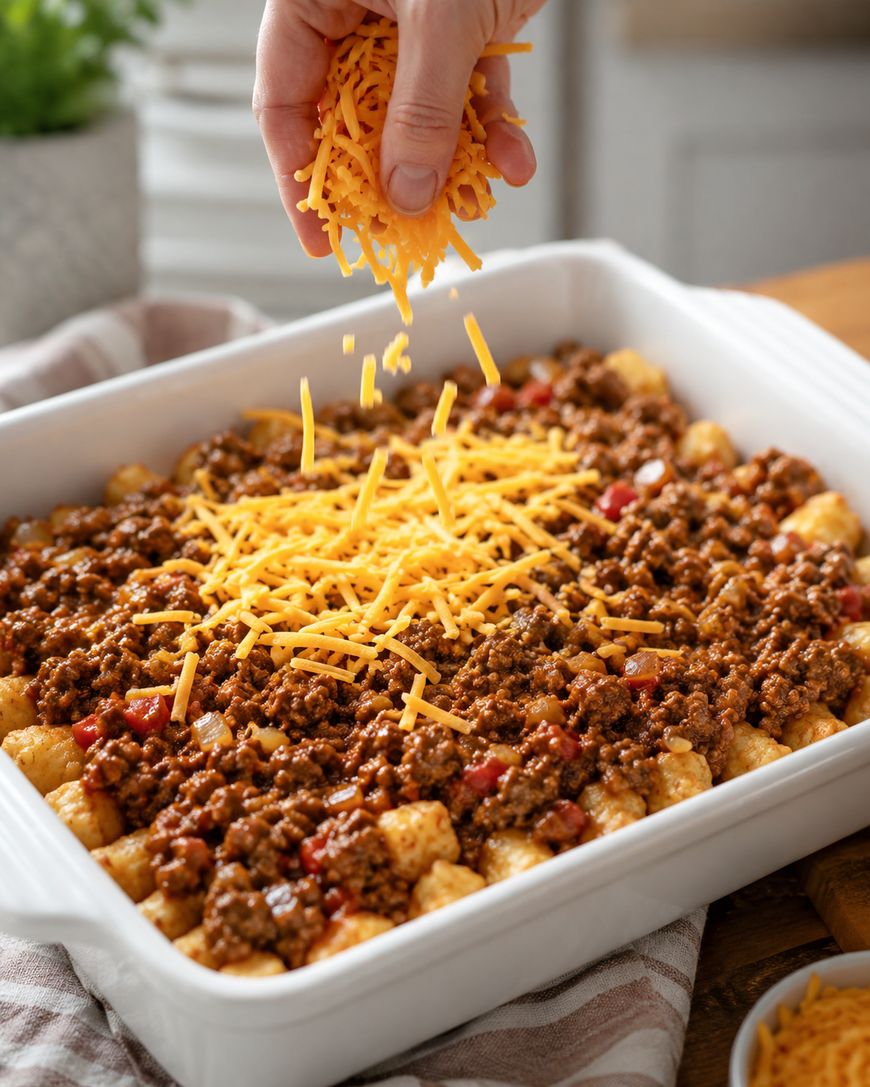 A hand sprinkles shredded cheddar cheese over a casserole dish filled with cooked ground beef, tater tots, and sauce in a bright kitchen setting.