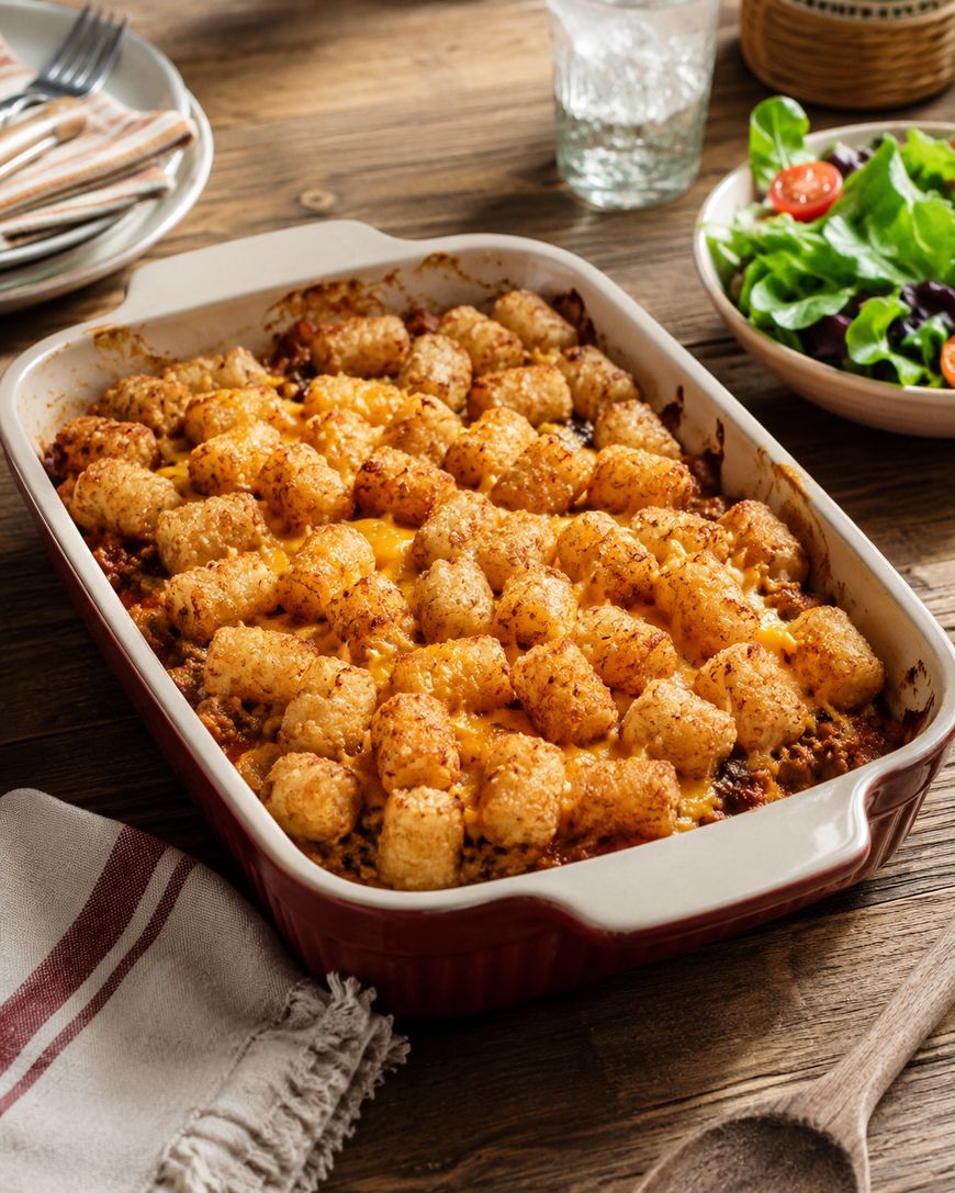 A casserole dish filled with tater tot hotdish, topped with golden brown tater tots and melted cheese, sits on a wooden table next to a fresh salad and a stack of plates with utensils.