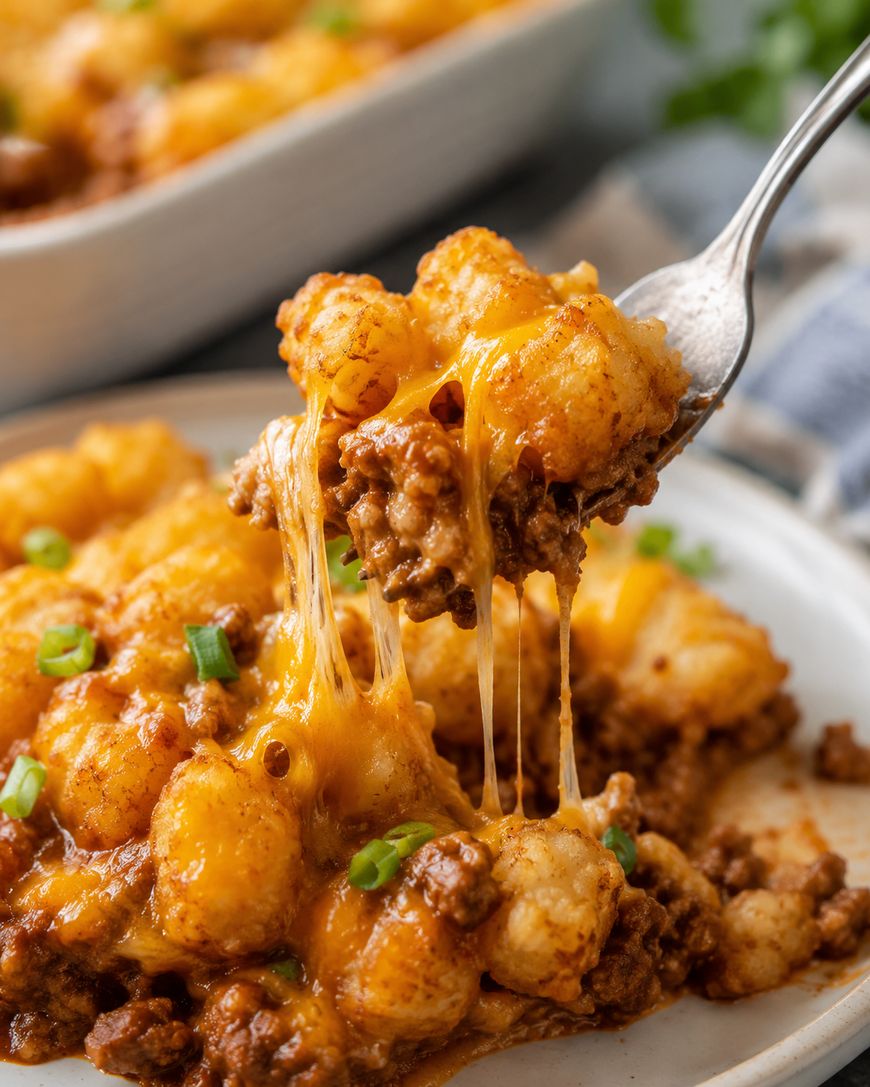 A close-up of cheesy tater tot casserole with ground beef, melted cheddar cheese, and sliced green onions.