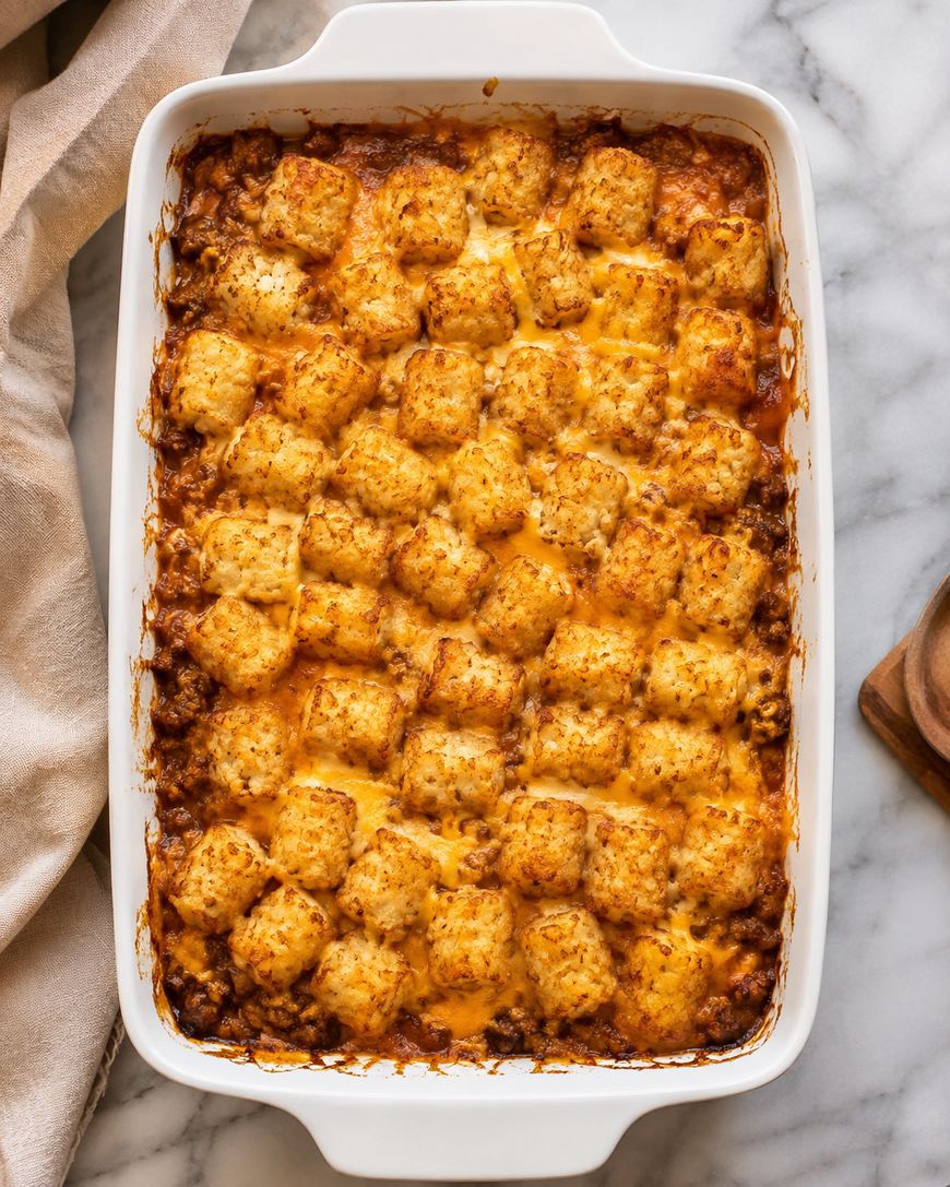 A baked casserole in a white dish topped with golden tater tots and melted cheese, sitting on a marble surface with a tan cloth and a wooden board nearby.