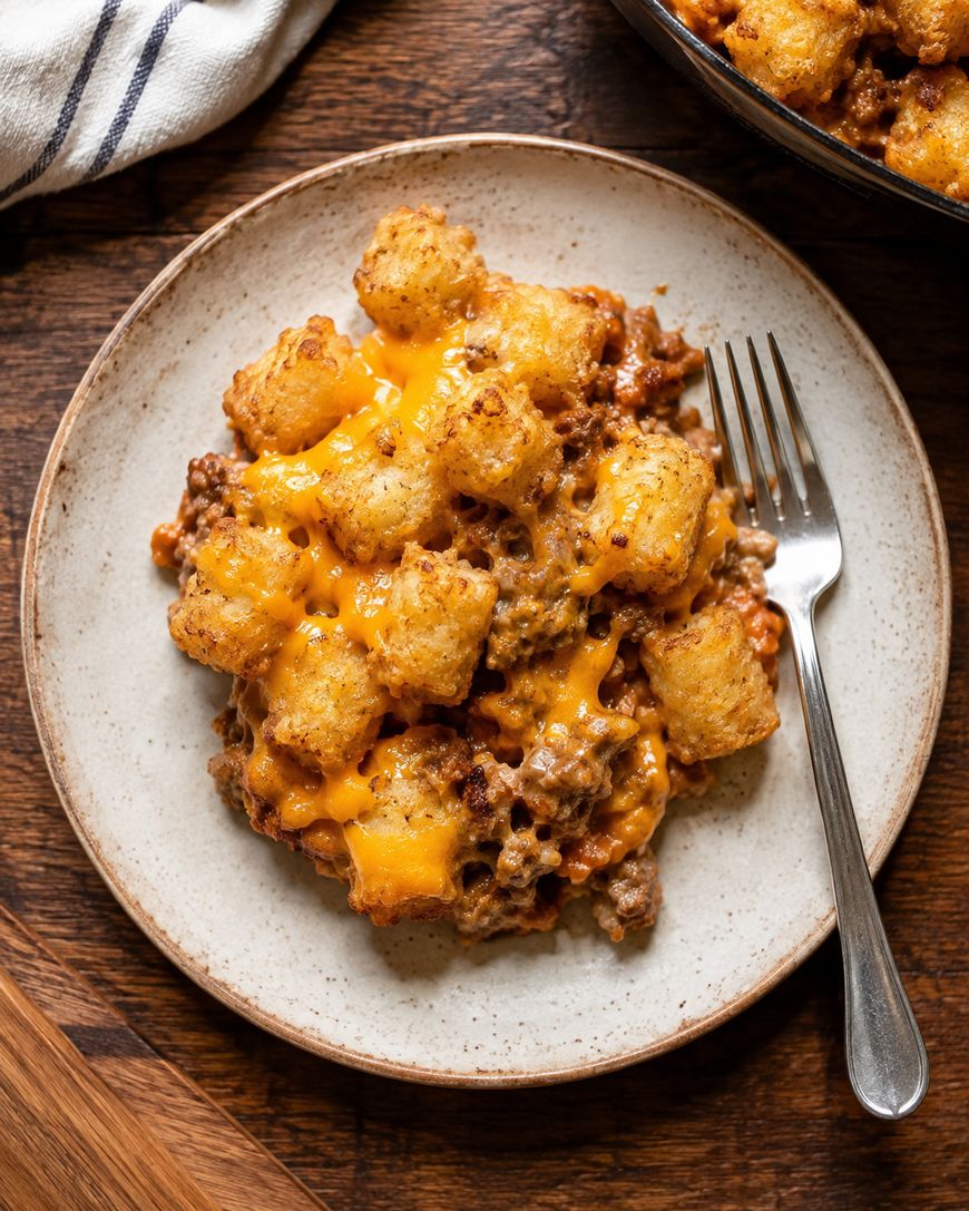 A plate of tater tot casserole with ground beef and melted cheddar cheese sits on a wooden table, with a fork placed beside the food.