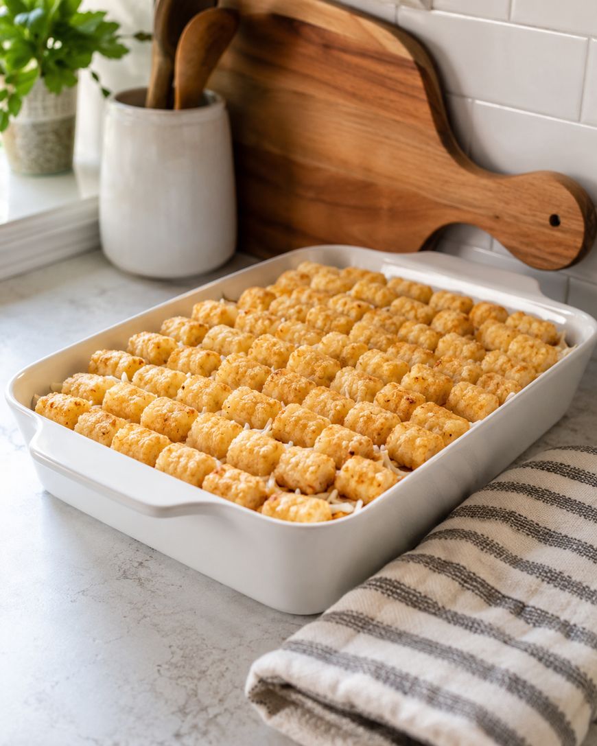A white baking dish filled with neatly arranged tater tots sits on a kitchen counter near a striped towel, cutting board, and utensils.
