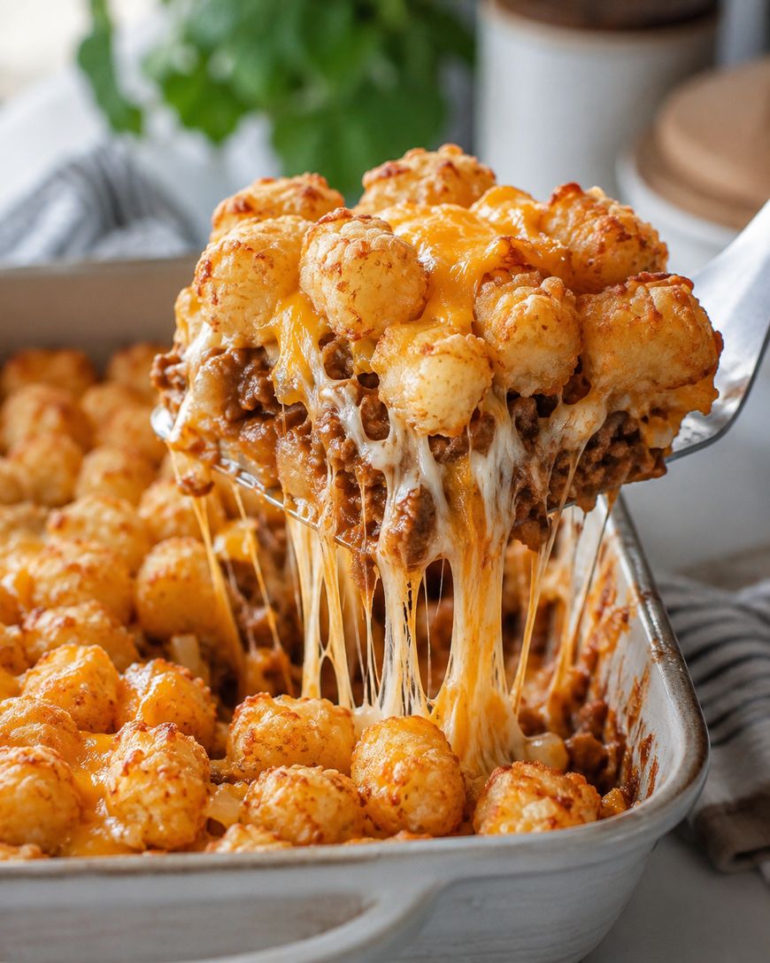 A spatula lifts a cheesy tater tot casserole with ground beef from a baking dish, showing melted cheese stretching between the dish and the serving.