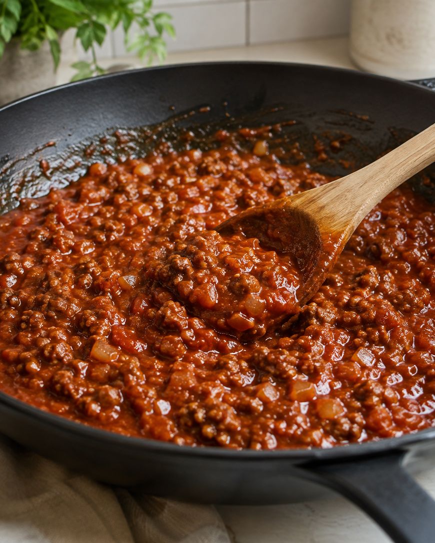 A skillet filled with chunky meat and tomato sauce is being stirred with a wooden spoon. Diced onions and herbs are visible in the sauce.