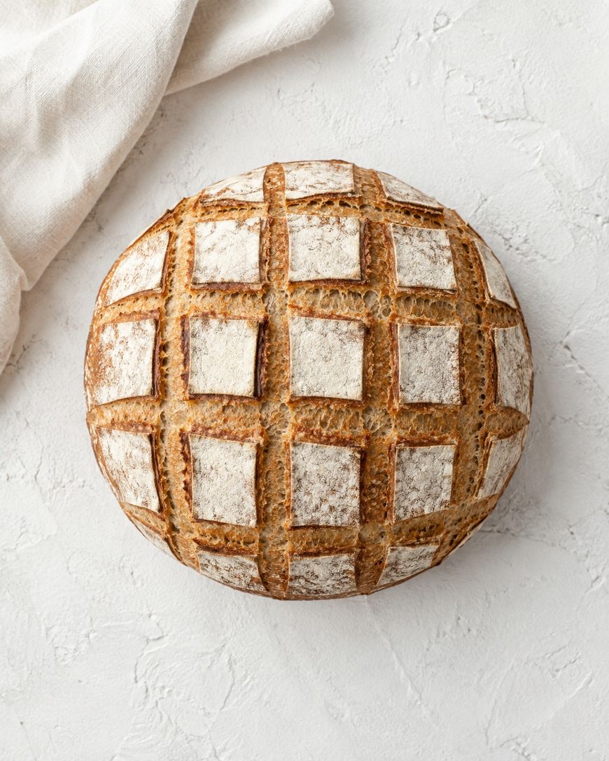 A round loaf of artisan bread with a golden-brown crust and a scored square pattern on top, resting on a light textured surface next to a folded white cloth.