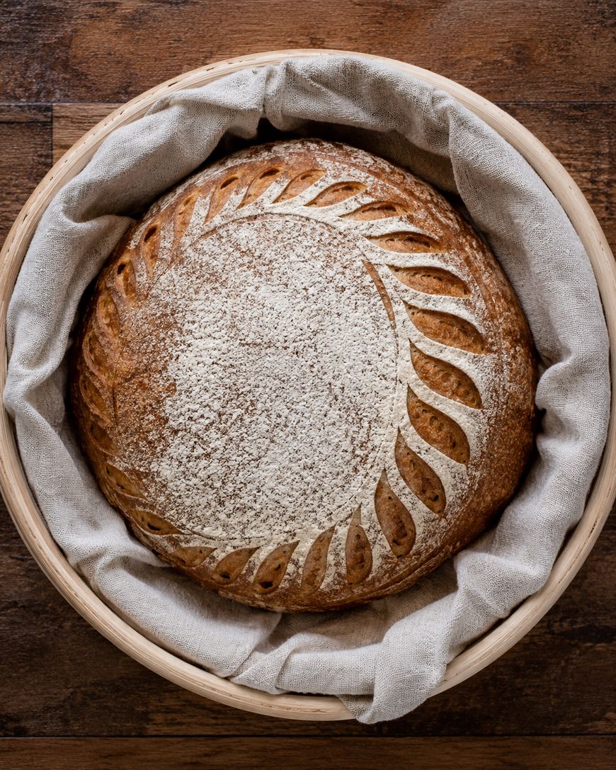 Round artisan bread with a leaf pattern scored on the crust, resting in a cloth-lined basket on a wooden surface.