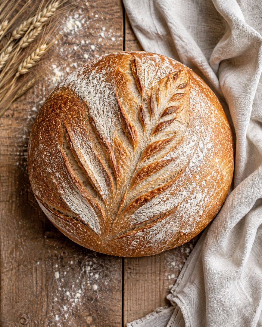 Round artisan loaf of bread with a leaf pattern scored on top, resting on a rustic wooden surface beside wheat stalks and a white cloth.