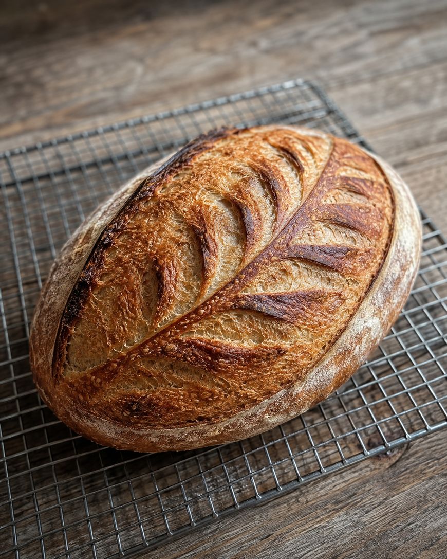 A loaf of artisan bread with a golden-brown crust and a leaf pattern sits on a wire cooling rack atop a wooden surface.