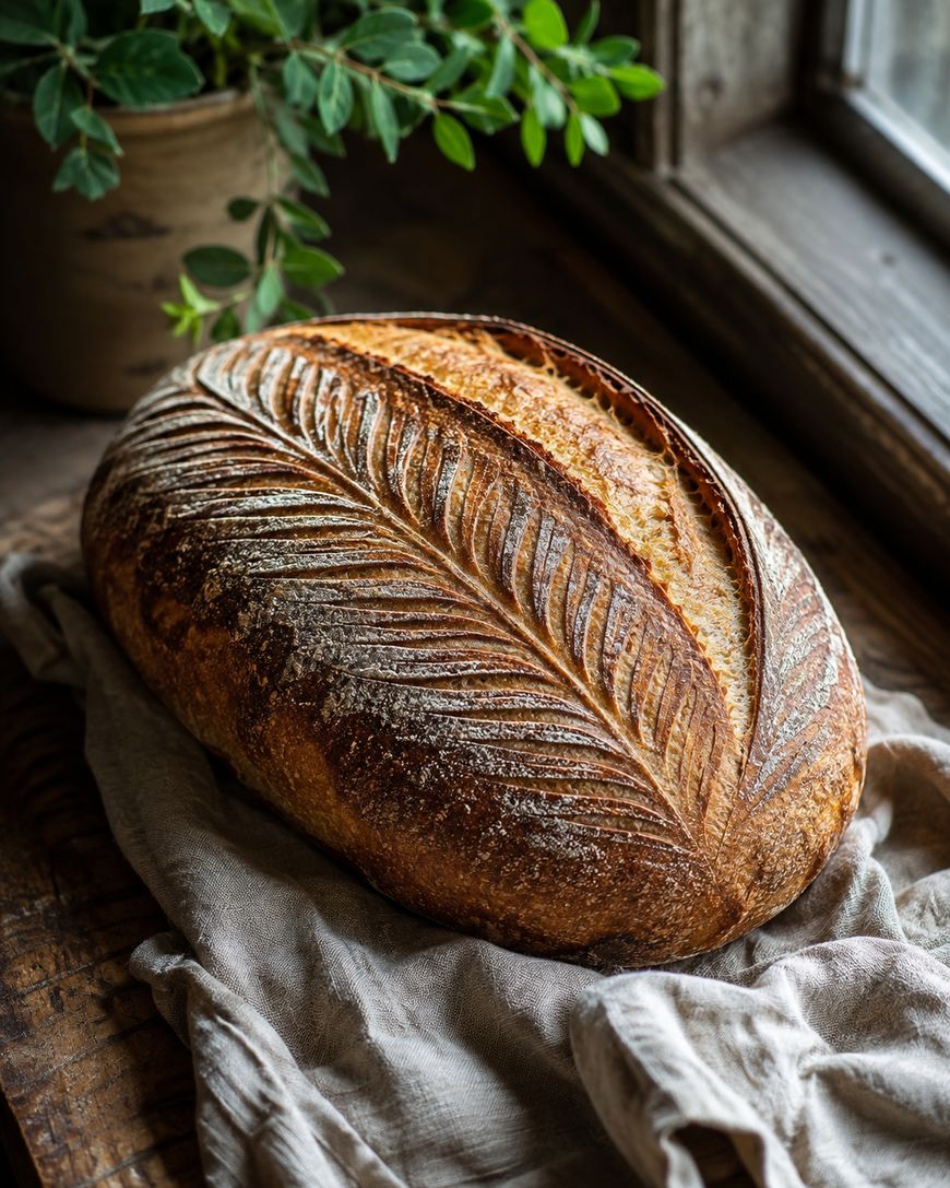 A loaf of artisan bread with a golden crust and intricate leaf scoring rests on a linen cloth by a window, with a potted plant in the background.
