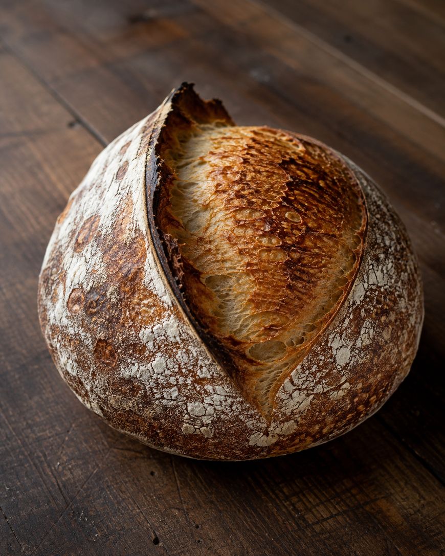 A round, rustic loaf of sourdough bread with a golden-brown, crispy crust sits on a wooden surface.