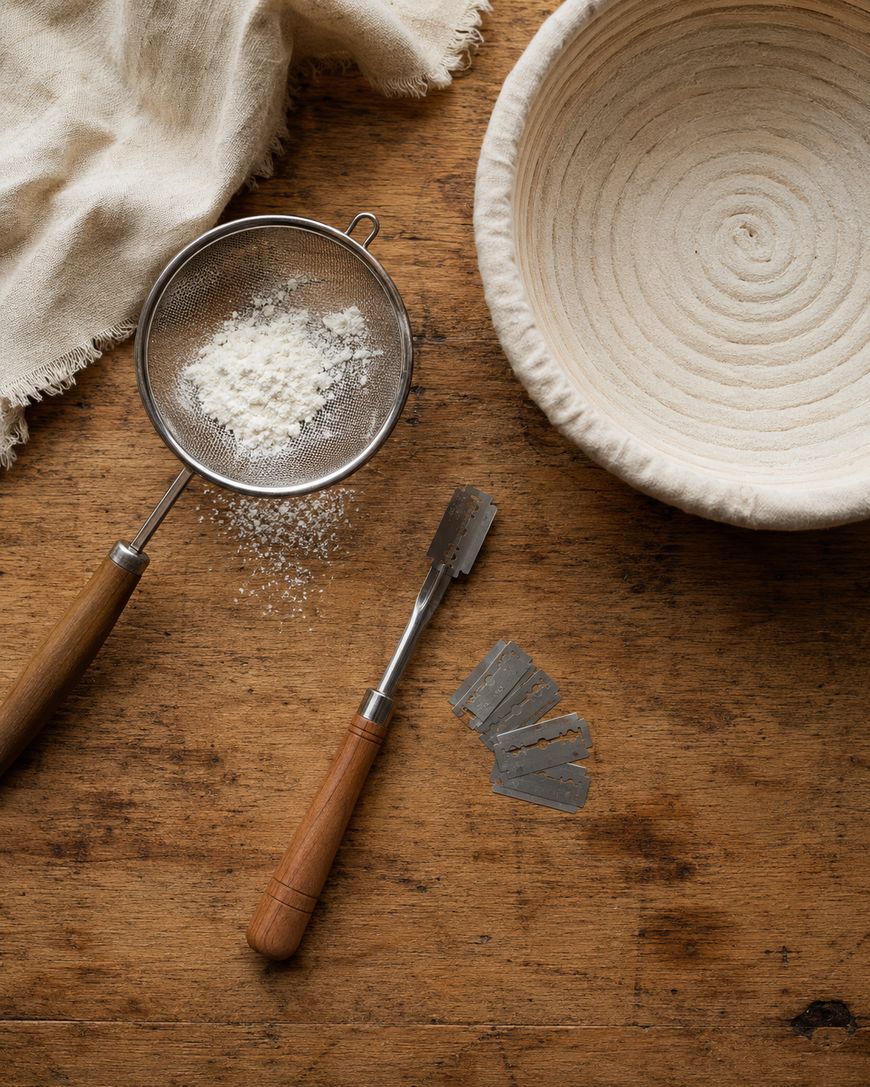 Flour sifter, dough scoring tool, razor blades, cloth, and a banneton basket arranged on a wooden surface, suggesting bread baking preparation.