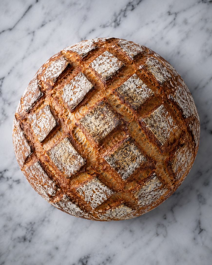 Round loaf of artisan bread with a golden-brown crust and a decorative, crisscross scoring pattern, resting on a light gray marble surface.