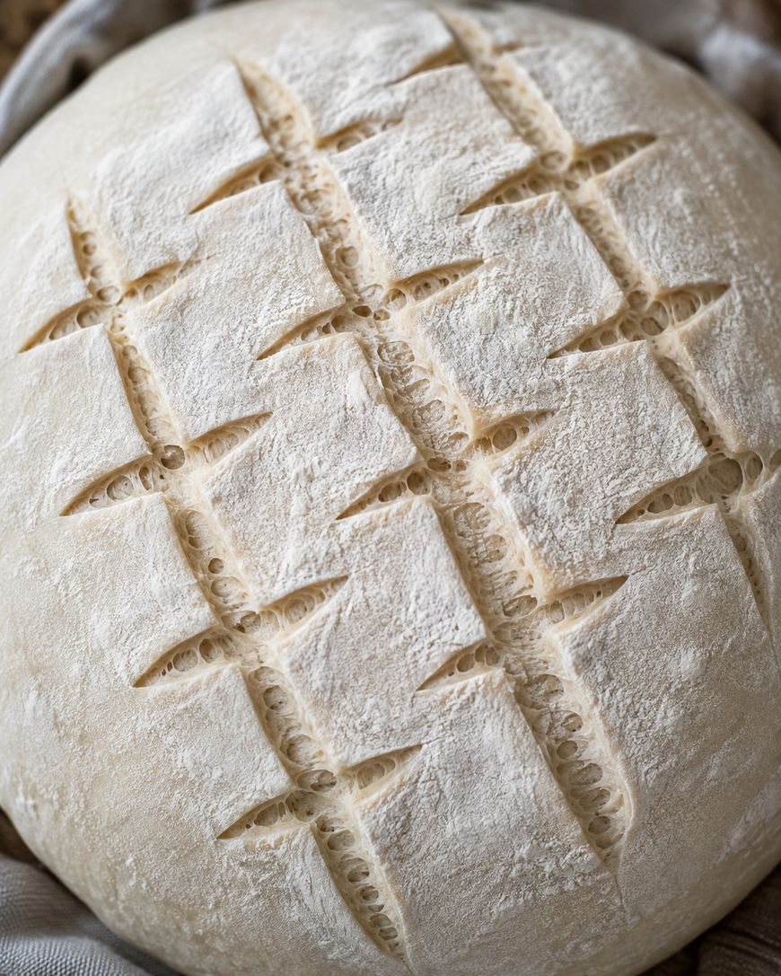A round loaf of unbaked bread dough with intricate crisscrossed slash patterns dusted with flour, ready for baking.
